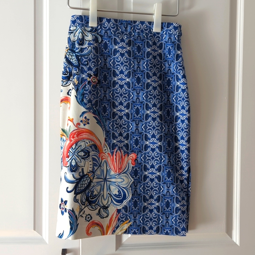 Anthropologie Blue tile floral skirt